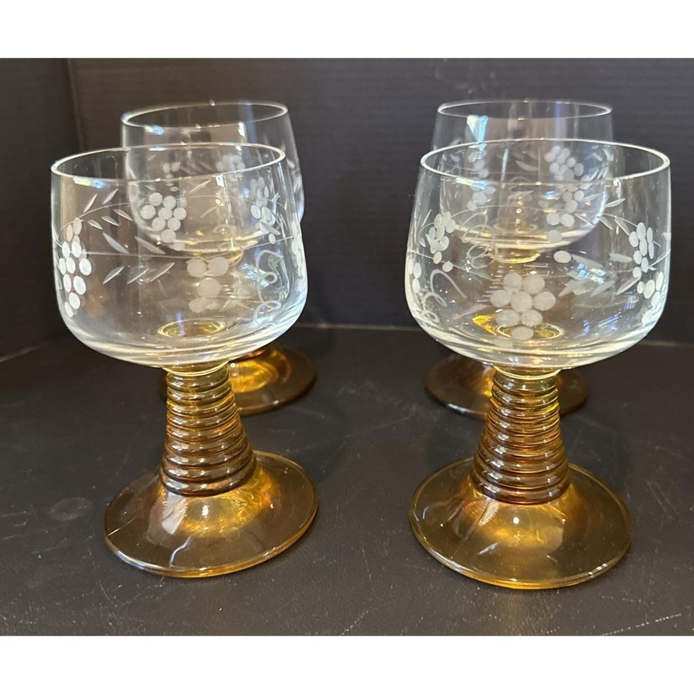 Roemer Amber Wine Glasses Etched Grapevines Beehive Stems 4.5" Tall Set Of 4